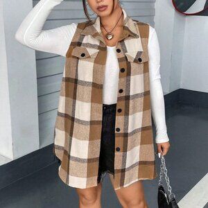 Multicolor Casual Women's Plus Plaid Print Flap Detail Vest Coat